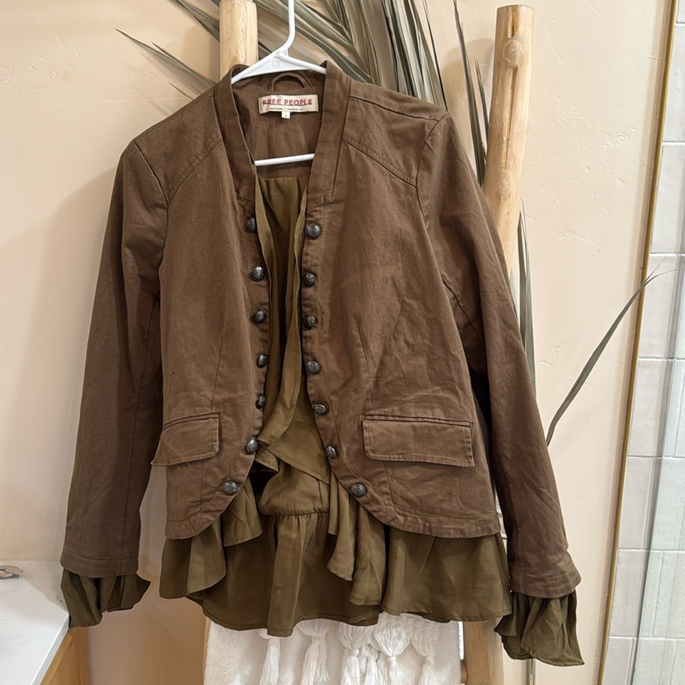 Free people ruffles romance green denim jacket